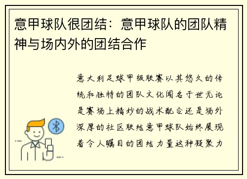 意甲球队很团结：意甲球队的团队精神与场内外的团结合作