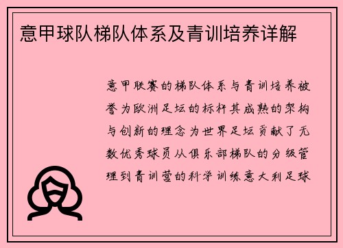 意甲球队梯队体系及青训培养详解