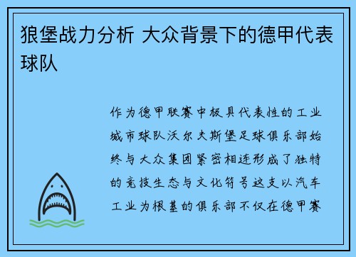 狼堡战力分析 大众背景下的德甲代表球队
